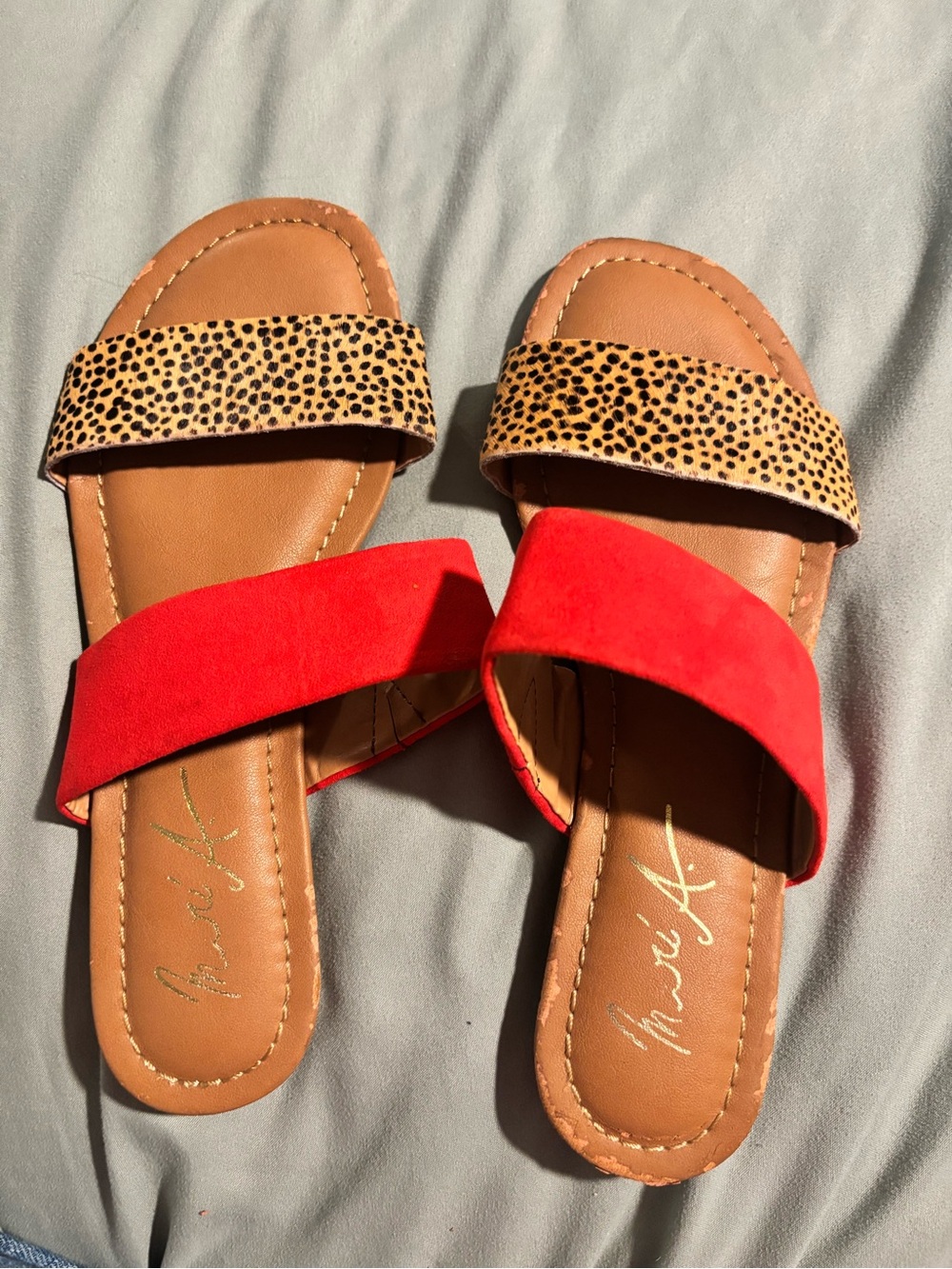 Red Suede & Leopard Print Slide Sandals - Women